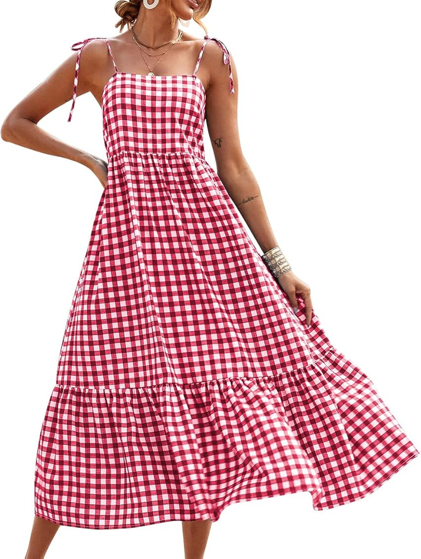 PRETTYGARDEN Summer Dress for Women Plaid Spaghetti Strap Square Neck Tiered Ruffle Flowy Maxi Dress | Amazon (US)