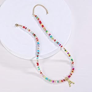 YOUFENG Initial Letter Necklaces for Women Colorful Beaded Gemstone Choker 14K Gold Bamboo Letter... | Amazon (US)