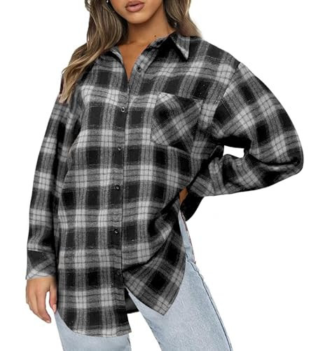 koufland Women's Fall Flannel Buffalo Plaid Shirts Long Sleeve Lightweight Shackets Collared Button Down Blouse Classic Oversized Tunic Tops(1-Black,X-Large) | Amazon (US)