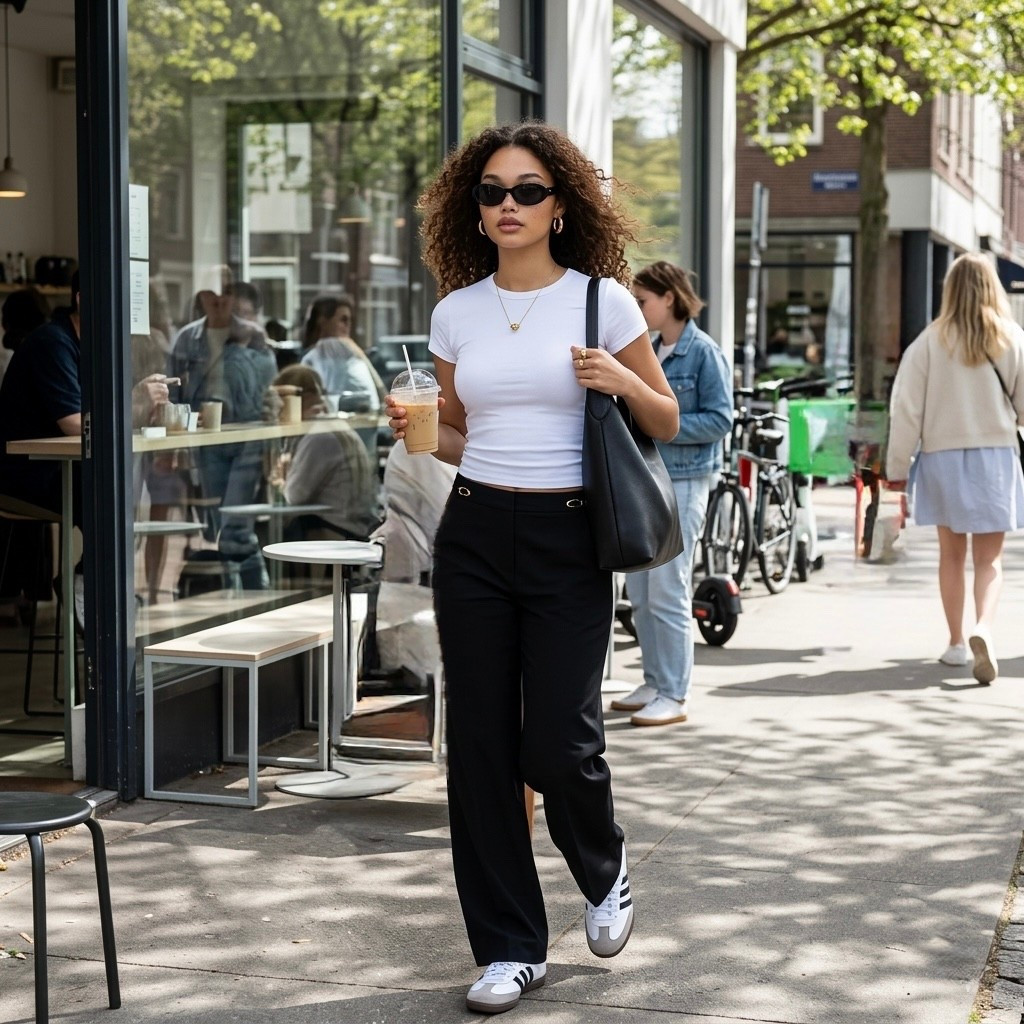 Out running errands and grabbed coffee in this outfit.

Wearing size small in the fitted tee, size small in the black trousers, and size 8 sneakers. Simple outfits like this are perfect for everyday plans, coffee runs, and casual days around the city.

Everything is linked here if you want the pieces.


#LTKSpringSale #LTKdayinmylife #LTKootd