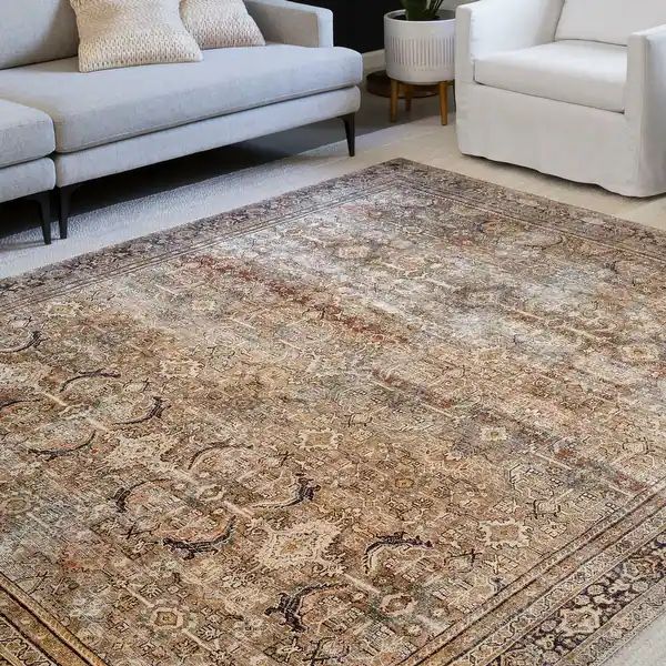 Alexander Home Isabelle Traditional Vintage Border Printed Area Rug - 9' x 12' - Olive/Charcoalbr... | Bed Bath & Beyond