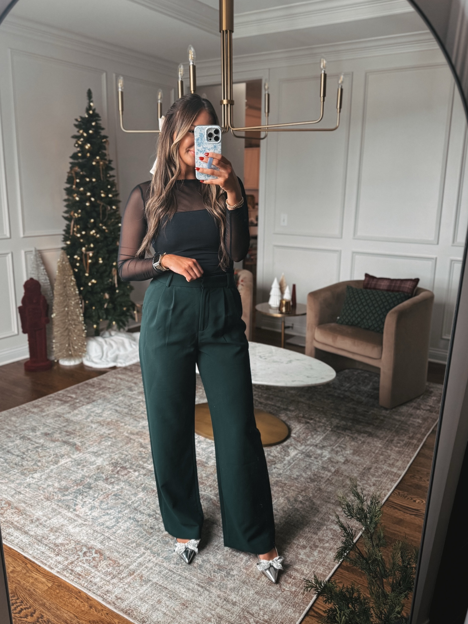 Holiday outfit idea green trouser pants, mesh top bodysuit and the cutest metallic silver kitten heels! 

Fit is true to size 
Bodysuit medium 
Pangs 29/long (I am 5’8)
Heels true to size 

#LTKStyleTip #LTKHoliday #LTKParties