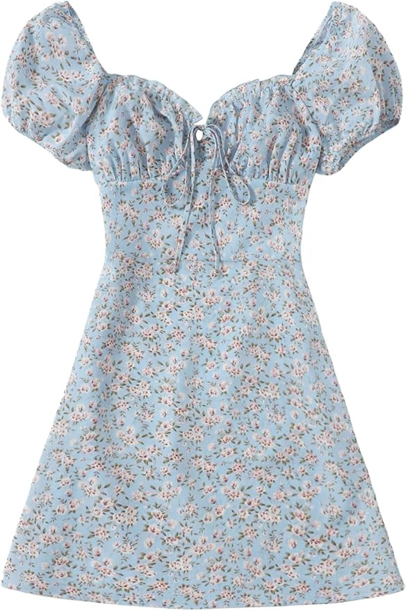 Verdusa Women's Floral Puff Short Sleeve Ruched A Line Dress V Neck Ruffle Mini Short Dresses | Amazon (US)