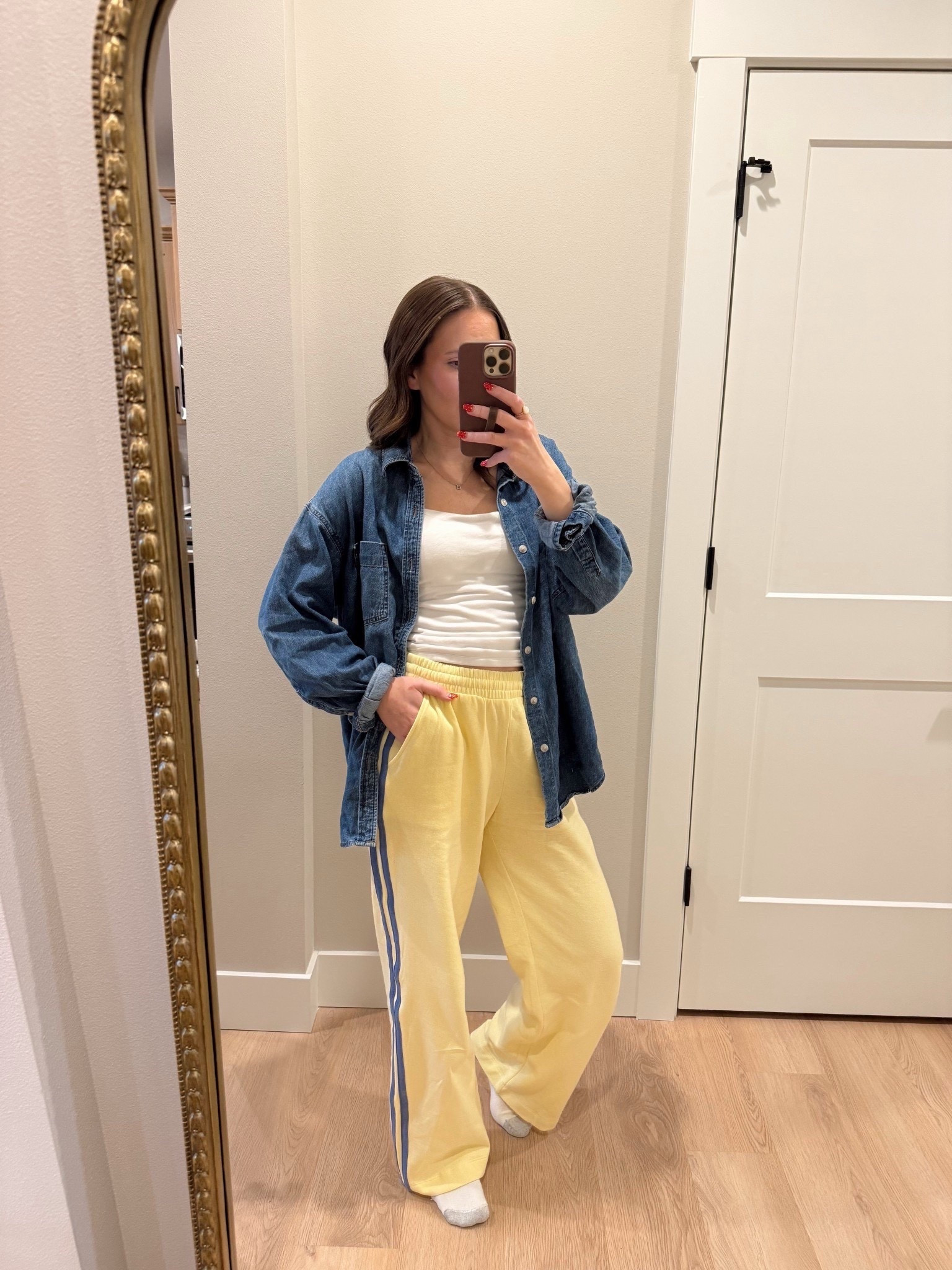 OOTD💛 my second color of these track sweatpants! They are fleece lined and so comfy AND currently on sale. Wearing a size small

Ootd | sweatpants | yellow pants | closet staples | aritzia button down | denim top 

#LTKmomlife #LTKootd

#LTKgrwm #LTKSeasonal #LTKootd