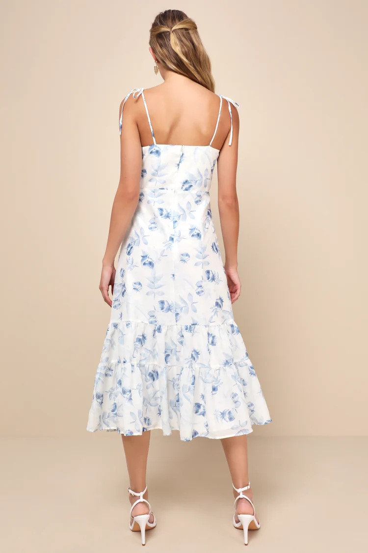 Airy Romance Ivory Floral Print Tiered Tie-Strap Midi Dress | Lulus