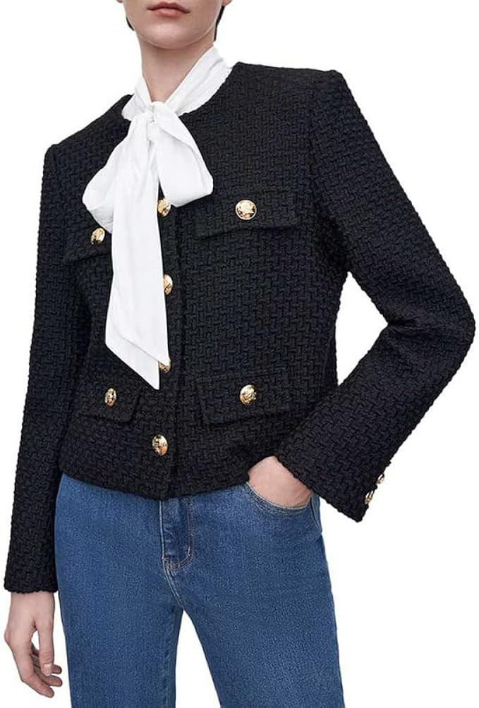 URBAN REVIVO Women's Long Sleeve Cropped Tweed Jacket with Pocket Elegant Slim Fit Work Office Bu... | Amazon (US)