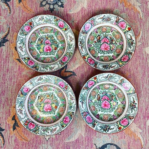 Vintage Rose Medallion Handpainted Shallow Rimmed Soup Bowl Set - Chinoiserie Chic - Vintage Asia... | Etsy (US)
