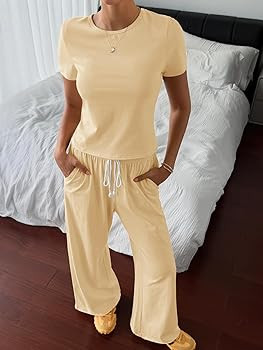 Fisoew Women 2 Piece Lounge Sets 2026 Casual Summer Outfits Short Sleeve Crop Tops Wide Leg Sweat... | Amazon (US)