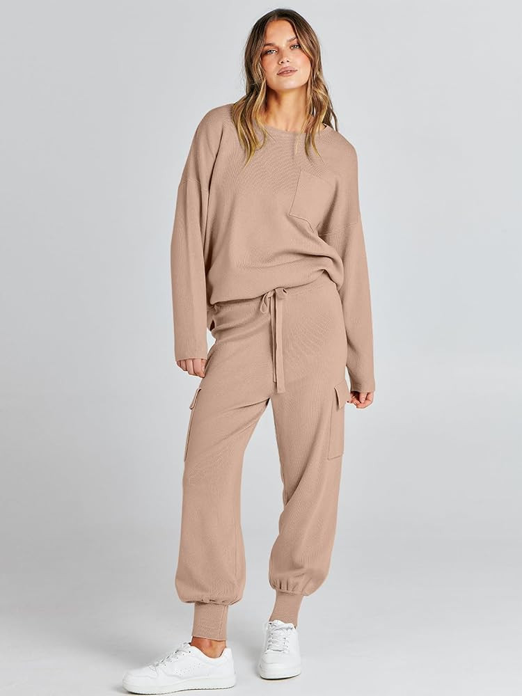 Caracilia Women's Two Piece Outfits Sweater Sets Long Sleeve Knit Pullover Tops and Cargo Jogger Pan | Amazon (US)