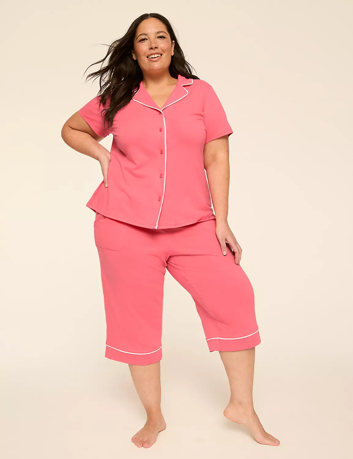 Comfy Cotton Notch-Neck Top & Crop Pant PJ Set | Lane Bryant (US)