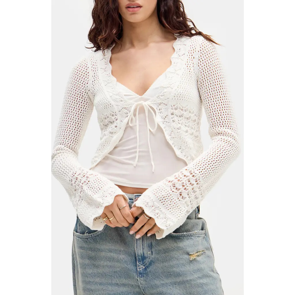 BDG Urban Outfitters Open Stitch Tie Front Cardigan in Ecru at Nordstrom, Size X-Small | Nordstrom