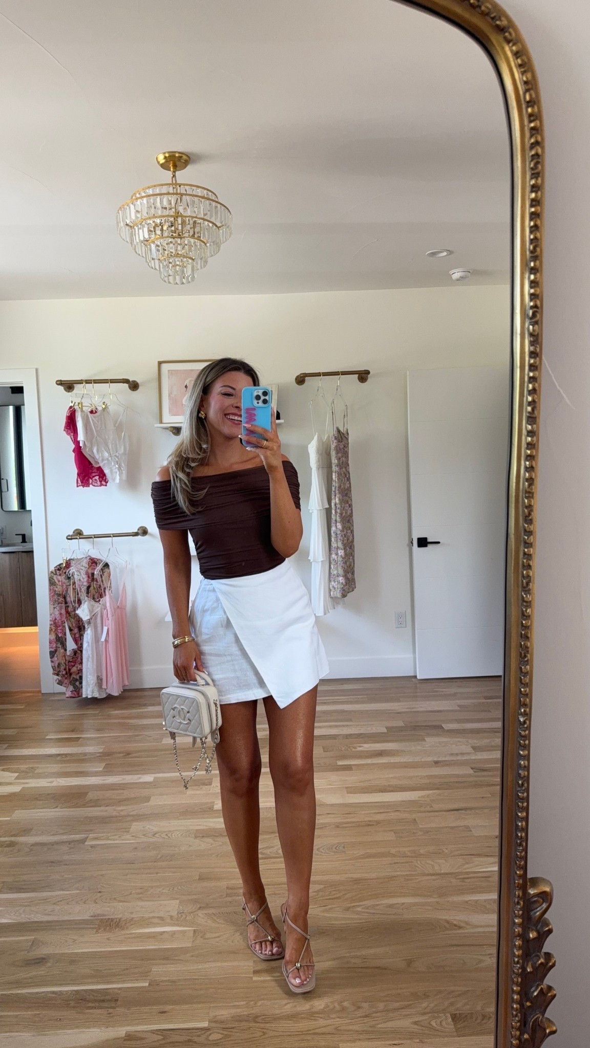 Brown off the shoulder top with white mini skort causal everyday outfit date night look  

Electric picks code: emerson20

Wearing my usual smalls. 

#LTKStyleTip #LTKParties #LTKSummerEdit