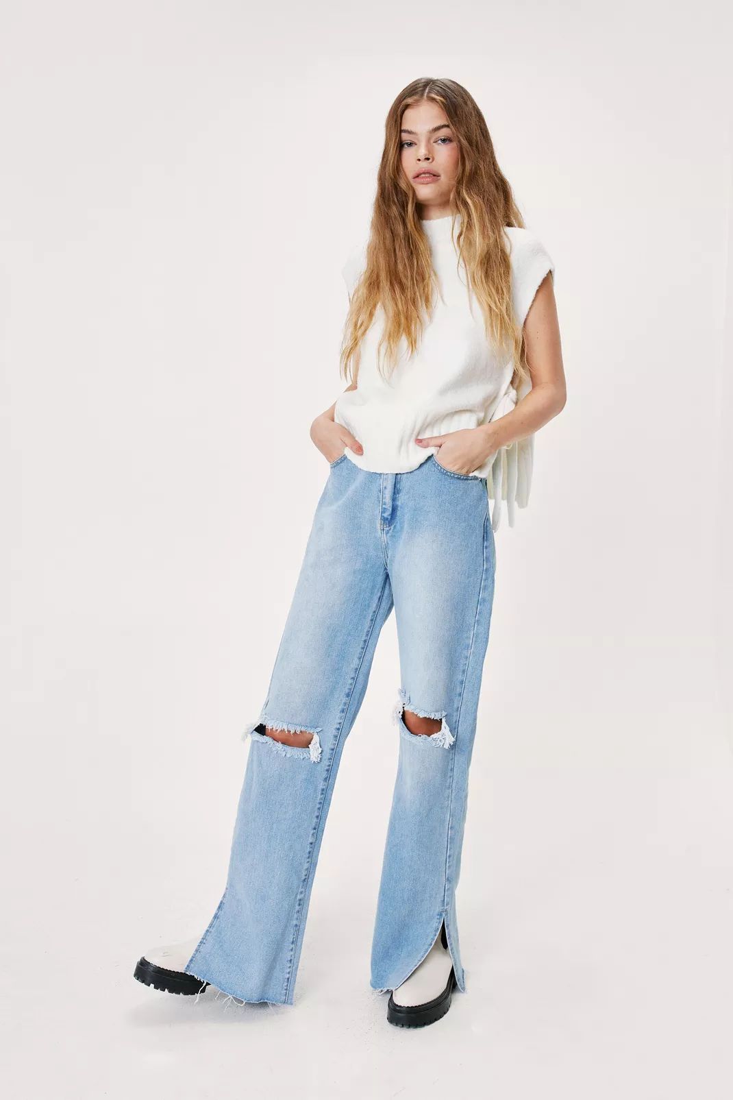 Busted Knee Split Hem Straight Jean | Nasty Gal (US)