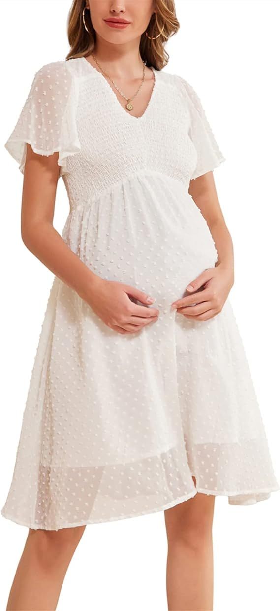 Maacie Maternity Swiss Dots Dress Smocked V-Neck A-Line Flowy Dress Photoshoot Dress | Amazon (US)