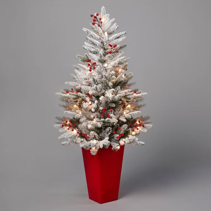 4' Pre-Lit Flocked Balsam Fir Potted Mini Artificial Christmas Tree with Red Berries Clear Lights... | Target