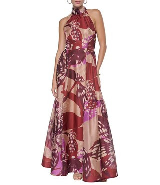 Halston High Neck Halter Sleeveless Printed Shimmer Organza Long Dress -  16 | Dillard's