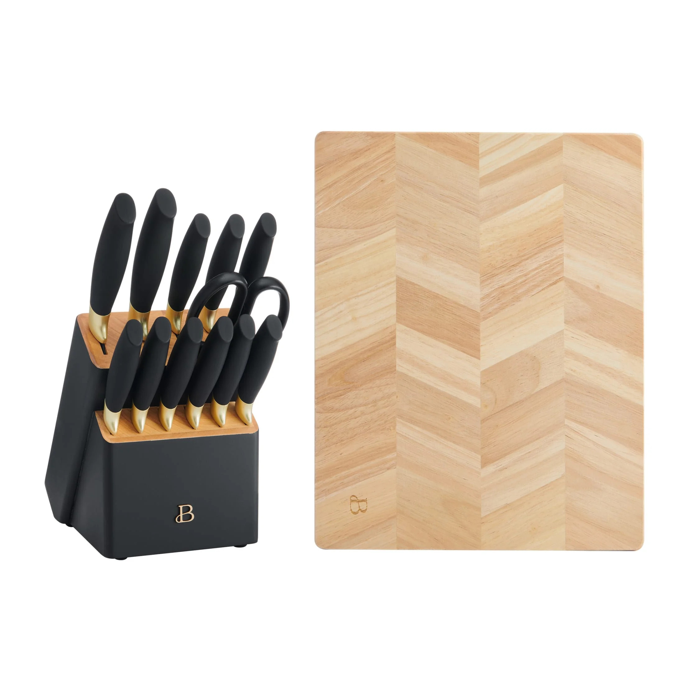 Beautiful 14-Piece Black & Gold Knife Block Set with 11x14 Herringbone Wood Cutting Board by Drew... | Walmart (US)
