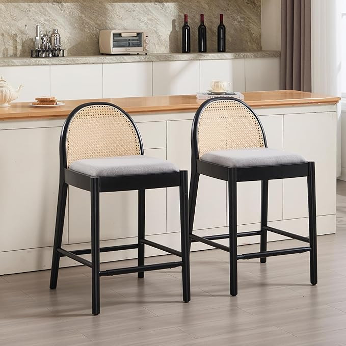 HEAH-YO Rattan Counter Stools Set of 2, 26 Inches Counter Height Bar Stools with Rattan Backrests... | Amazon (US)