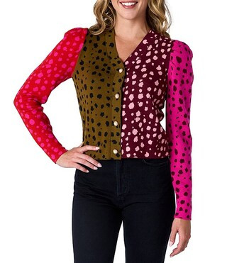 Jovie Coordinating Cashmere Blend V-Neck Colorblock Spotted Cardigan Sweater | Dillard's