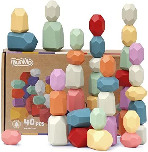 BUNMO 40pcs Stacking Rocks Toddler Toys; Wooden Building Blocks Montessori Toys; Tested for 1 - 2... | Amazon (US)