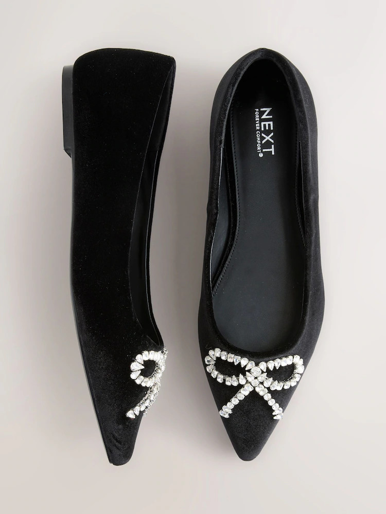 Black Satin Forever Comfort® Pointed Toe Jewelled Bow Flat Shoes | Next EU