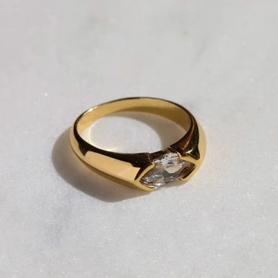 Gold Waterproof CZ Bezel Ring | Nickel and Suede