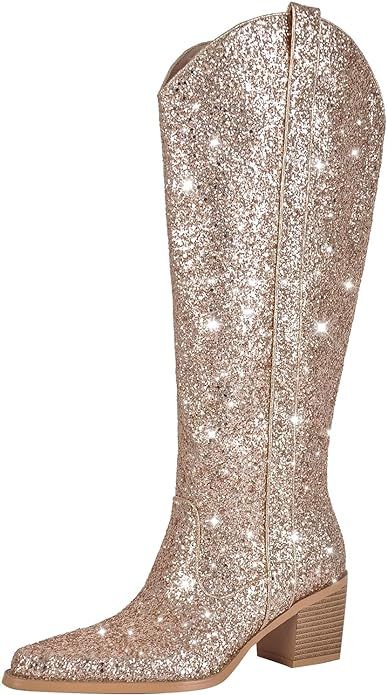 LISHAN Women's Bling bling Heel Knee High Boots Rhinestone Chunky Block Heel Pull on Shoes | Amazon (US)