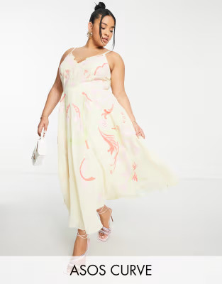 ASOS EDITION Curve embroidered applique cami midi dress in lemon | ASOS (Global)