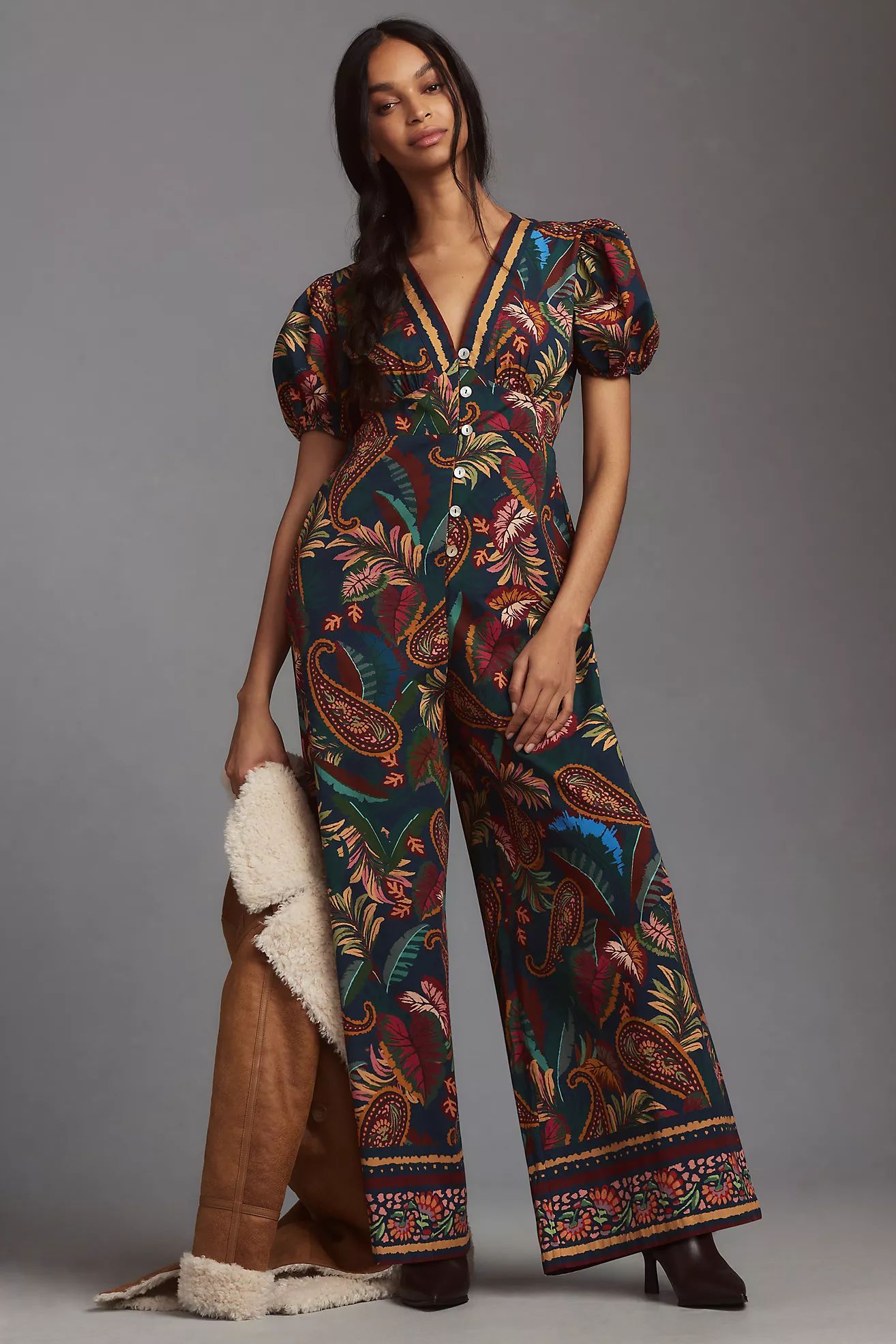 Farm Rio x Anthropologie Puff-Sleeve Printed Jumpsuit | Anthropologie (US)