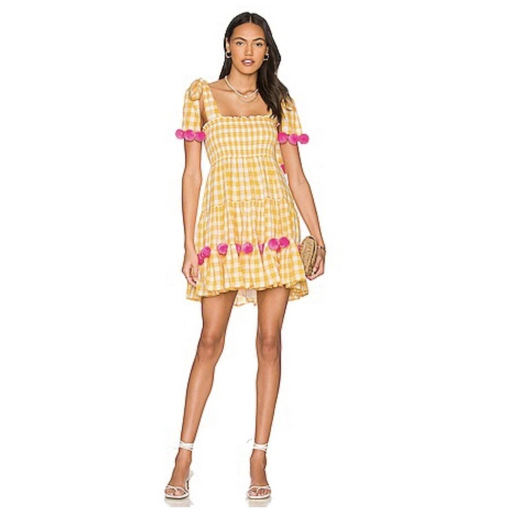 Sundress Pippa Dress Women's\u200e M/Large Yellow Gingham Check Pom Pom Boho Revolve | Poshmark
