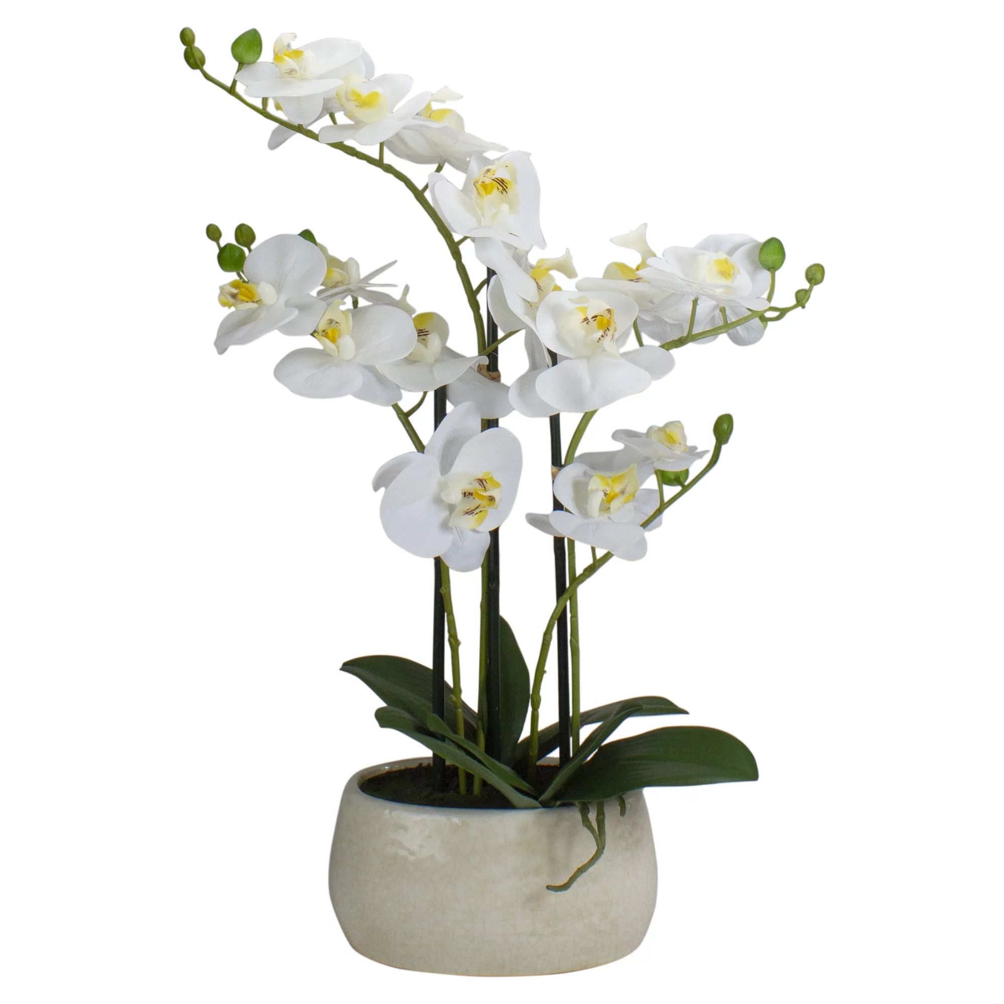 22" Artificial White and Yellow Orchid Plant With a White Oval Pot Tabletop Decor - Walmart.com | Walmart (US)