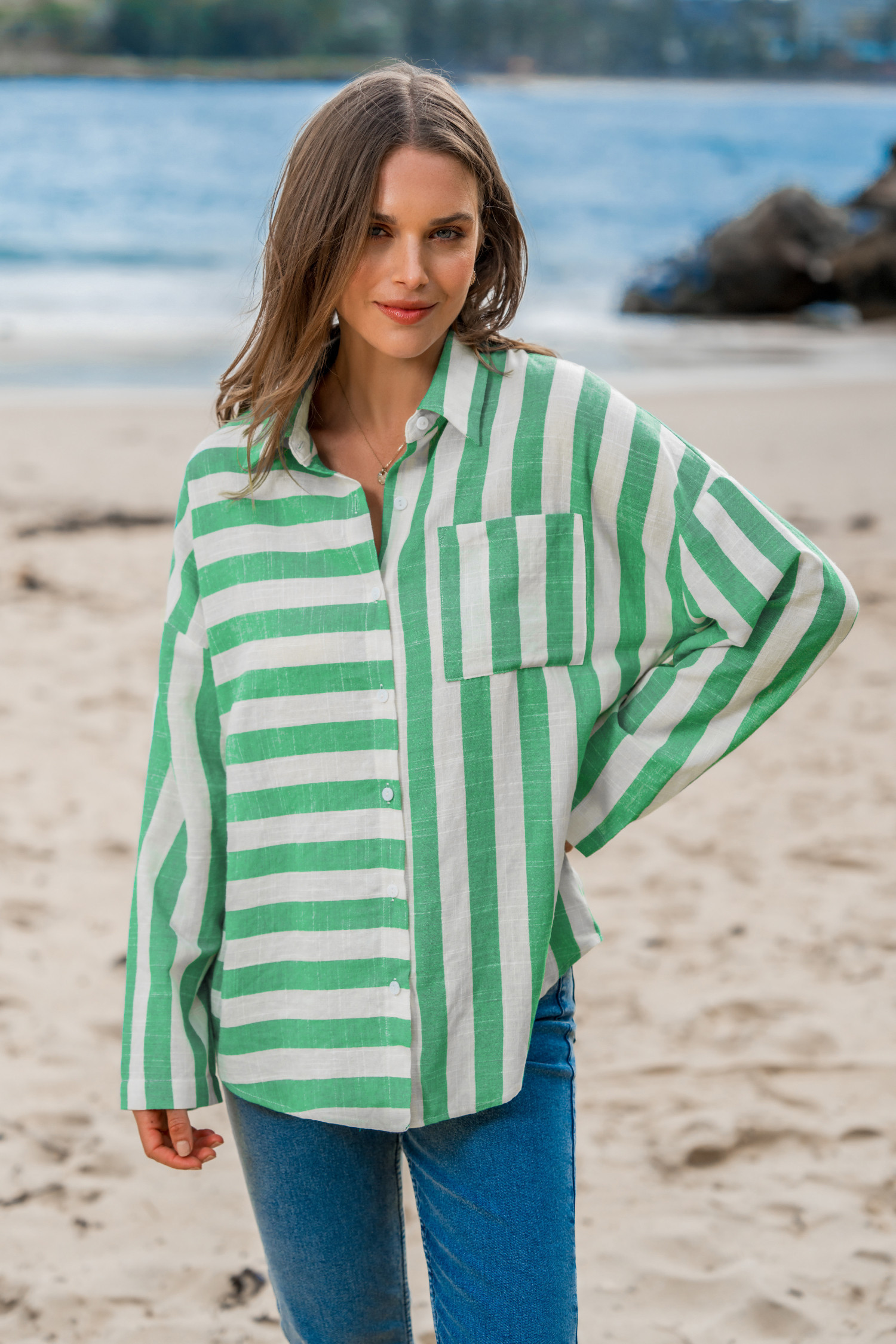 Green Mixed Stripe Collared Button Up Shirt - S | Cupshe US