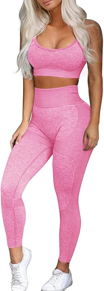 OLCHEE Women\u2019s Workout Sets 2 Piece - Seamless Yoga Leggings and Cross-Strap Sports Bra Gym ... | Amazon (US)