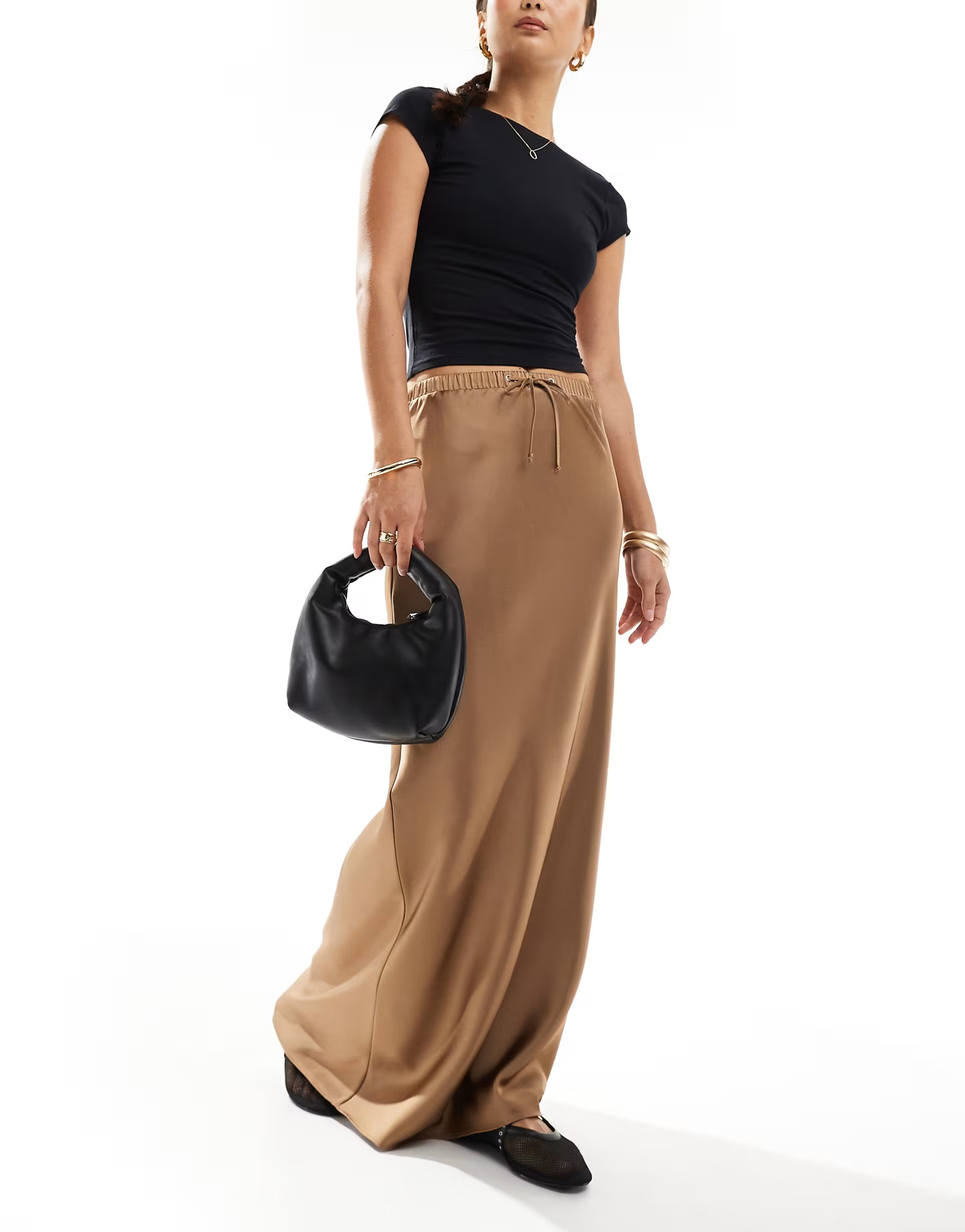 ASOS DESIGN satin bias tie waist maxi skirt in brown | ASOS (Global)