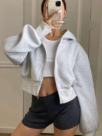 Livesso Women's Solid Color Dropped Shoulder Long Sleeve Hooded Zip-Up Short Fleece Sweatshirt For Autumn/Winter Jacket | SHEIN
