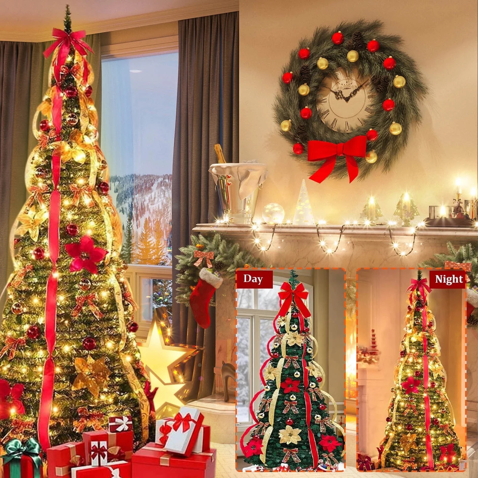 Qxpztk 5 Ft Full Pop-up Christmas Tree with Timer 8 Mode 200 Warm Lights, Ornaments, Red&Gold Rib... | Walmart (US)
