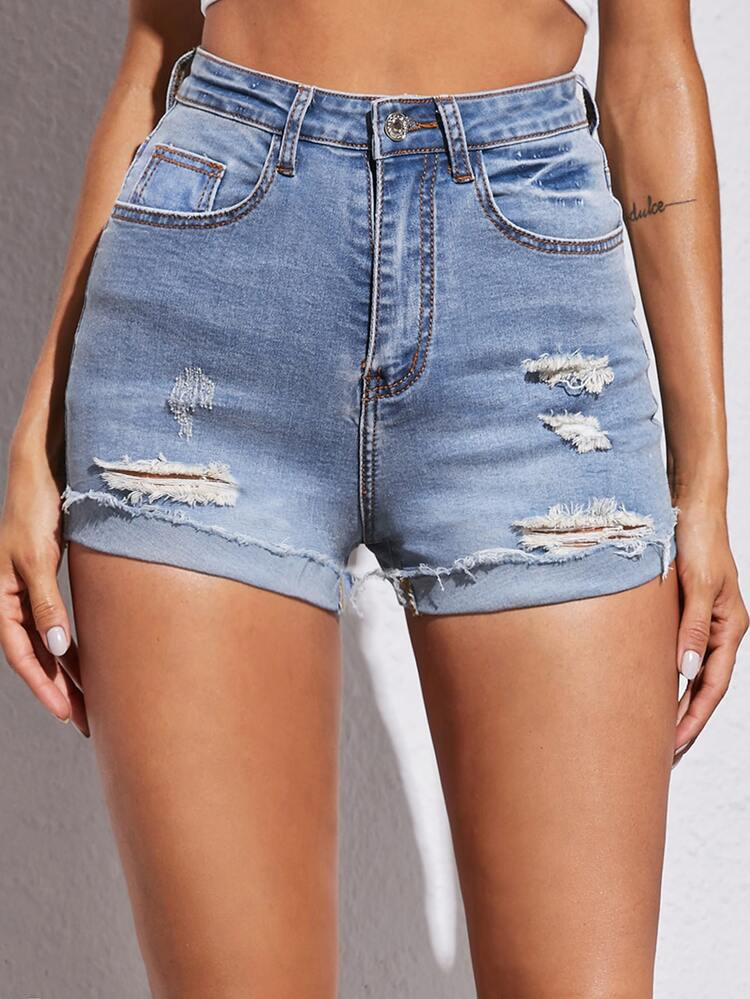 Roll Up Ripped Denim Shorts | SHEIN