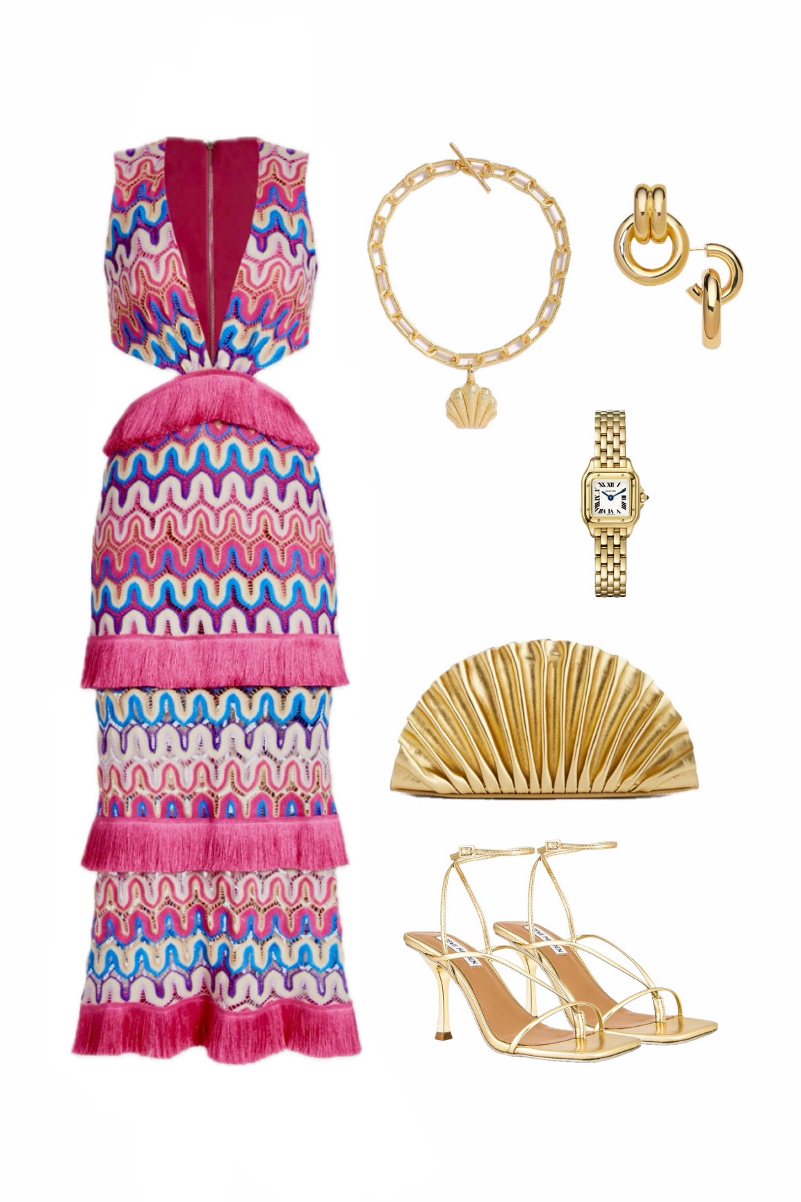 Dream summer outfit. Stunning colorful PatBO dress with gold summery features to make your tan pop! Love the shell detailing for some extra summer shine

#LTKstyletip #LTKSeasonal #LTKparties