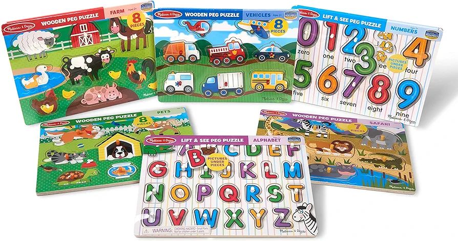 Melissa & Doug Wooden Peg Puzzle 6 Pack Numbers, Letters, Animals, Vehicles | Amazon (US)