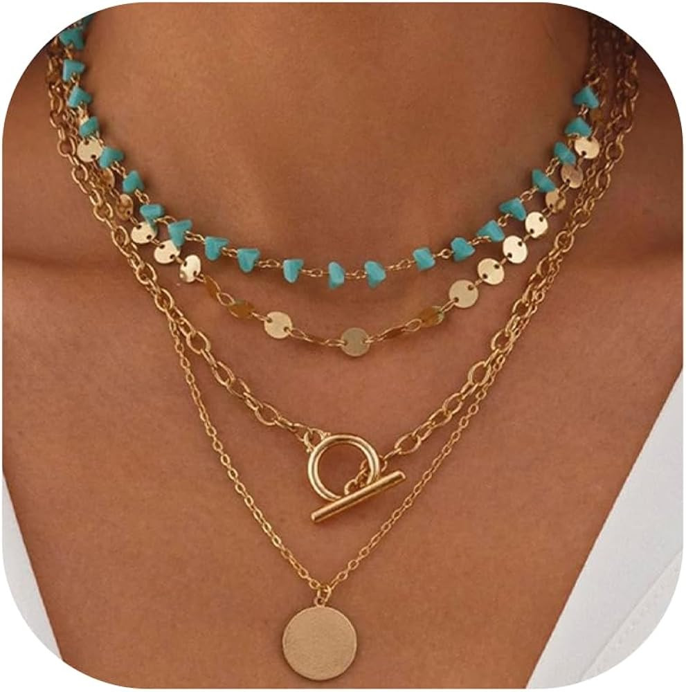 Dainty Layered Choker Necklace Bohemian Turquoise Necklace 14K Gold Plated Dainty Y Pendant Neckl... | Amazon (US)