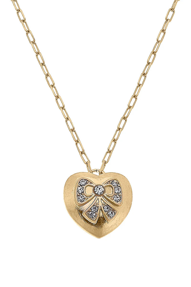 Rylan Pavé Bow Heart Pendant Necklace in Worn Gold | CANVAS