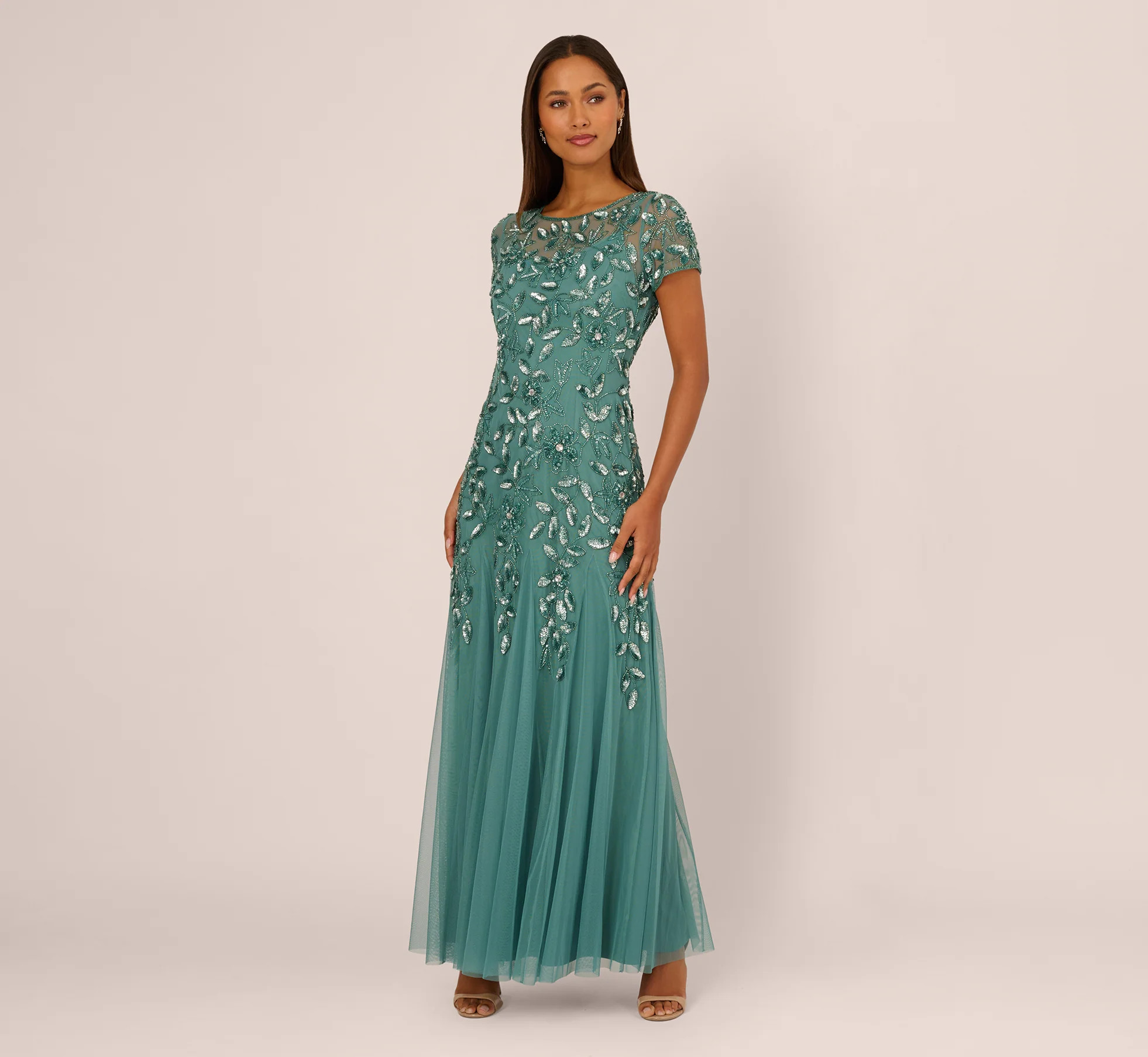 Hand Beaded Short Sleeve Floral Godet Gown In Jade | Adrianna Papell