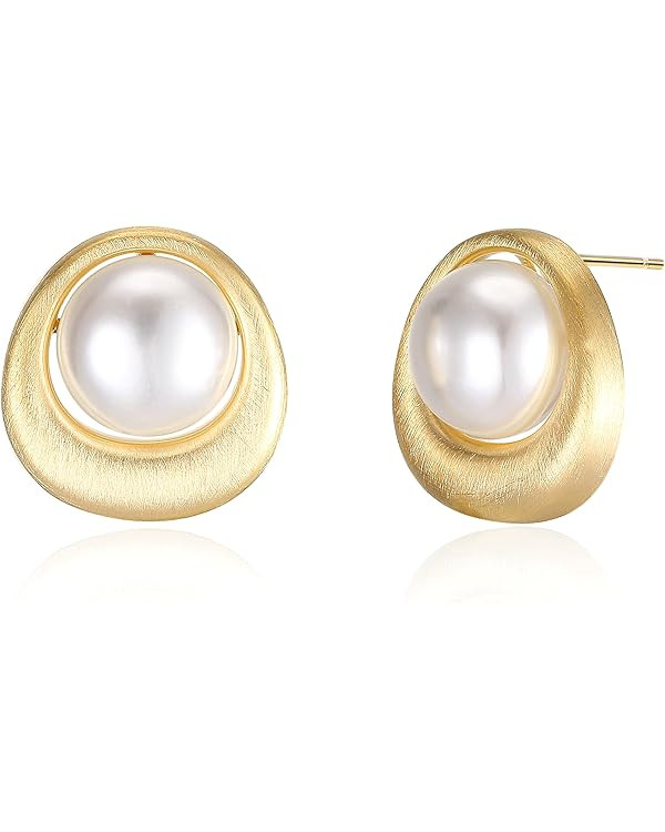 Pearl Stud Earrings, 14K Gold plated Large Pearl Earrings Gold Stud Earrings Handpicked Freshwate... | Amazon (US)