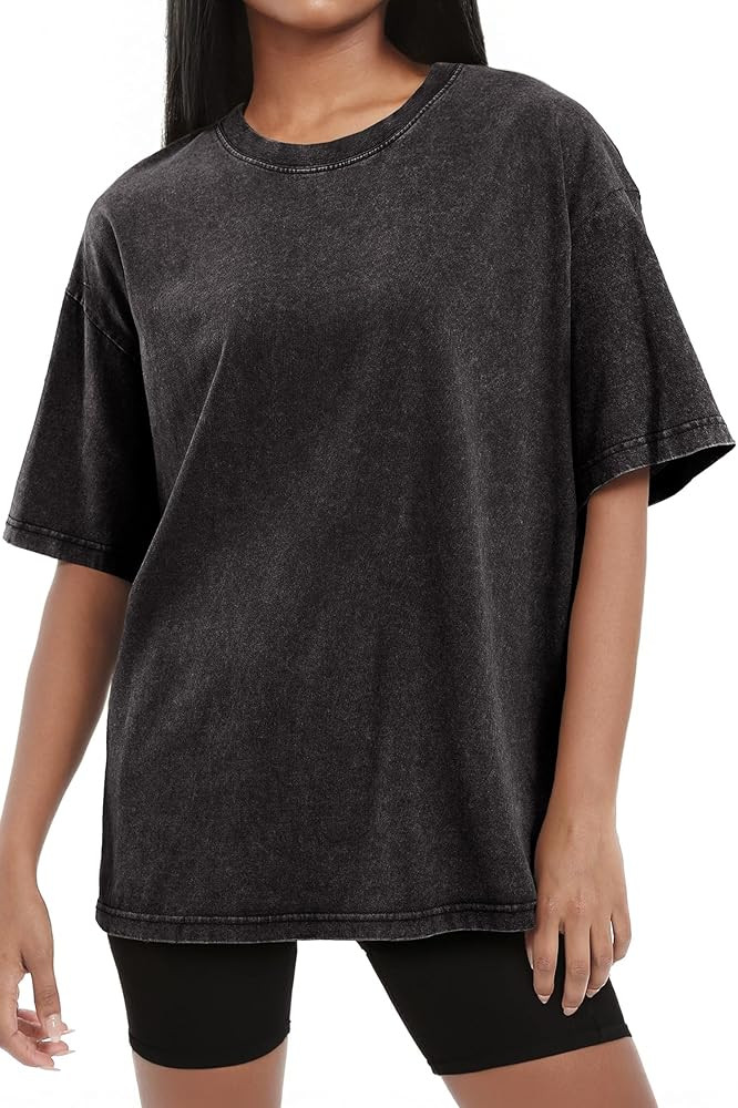 SHEWIN Oversized Wash Out Fabric Tee Shirts Trendy Cotton Tops Casual Work Tshirt 2026 | Amazon (US)