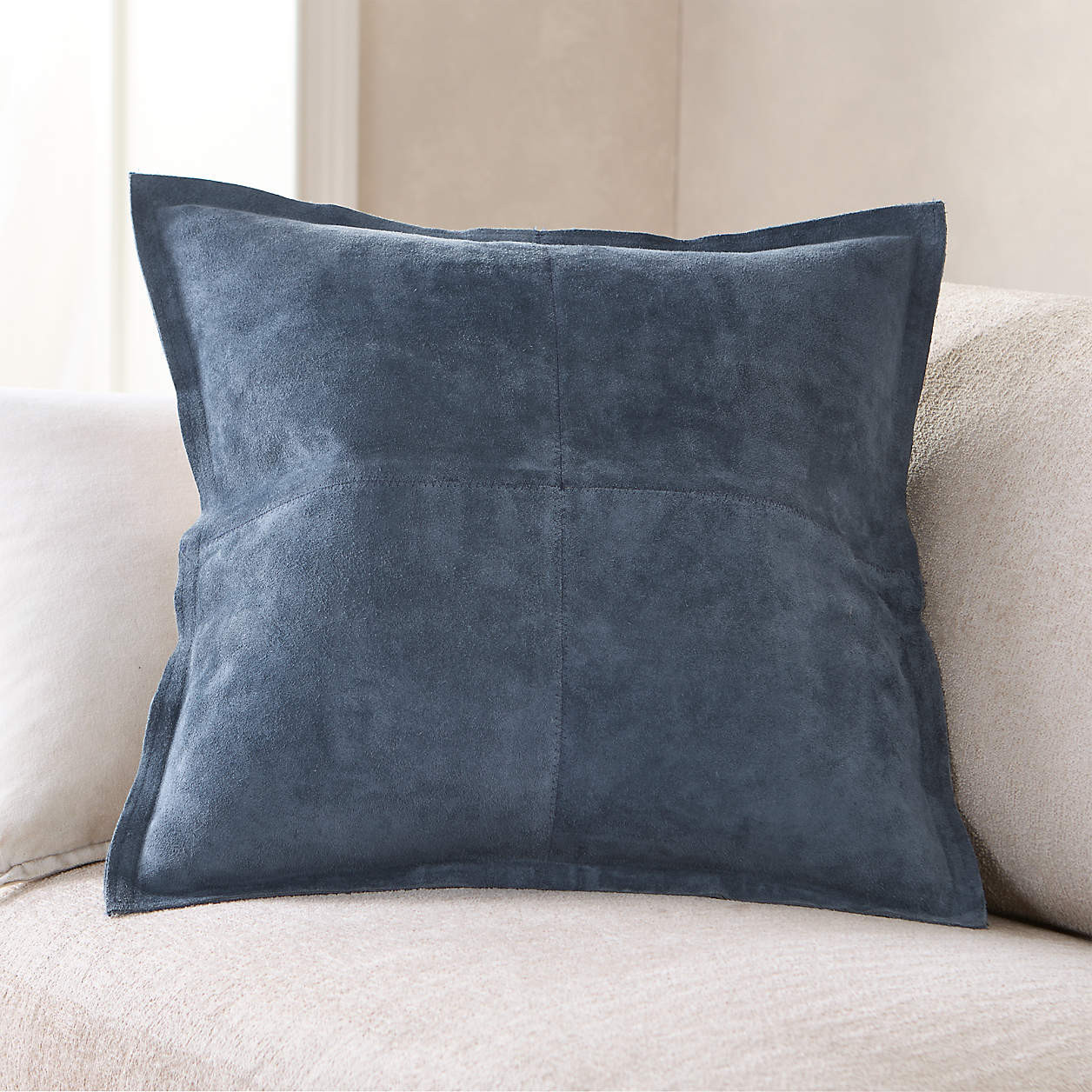 Hyde Pieced Suede 23"x23" Coy Blue Throw Pillow Cover + Reviews | Crate & Barrel | Crate & Barrel