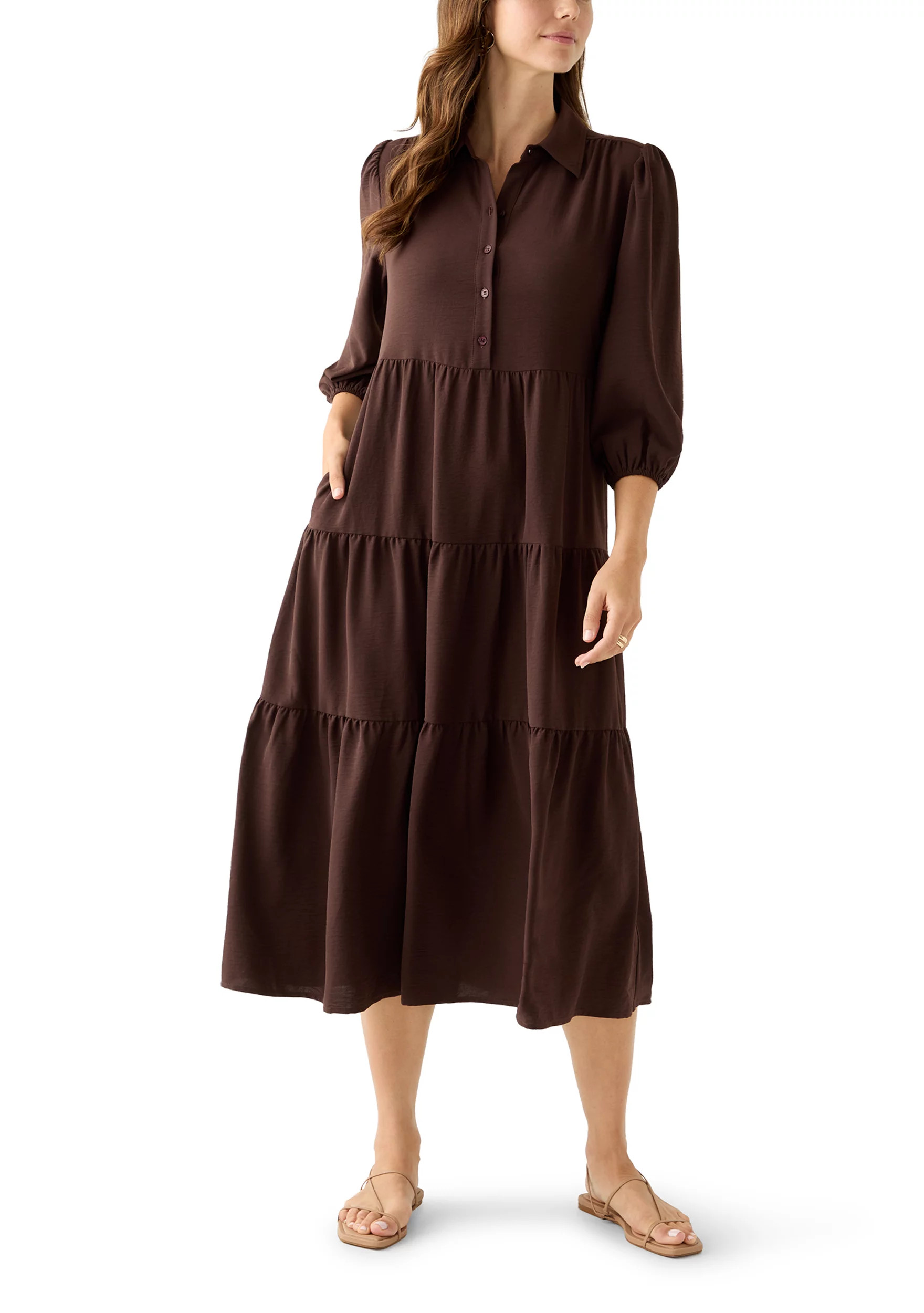 Women's 3/4 Puff Sleeve Button Down Collared Dress | Belk