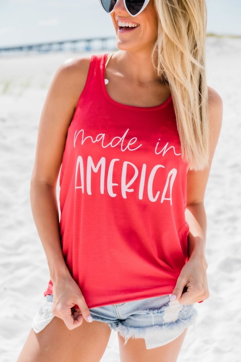 Made In America Scripted Graphic Tank Red | The Pink Lily Boutique