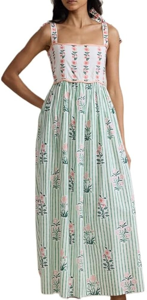 Women Bow Tie Shoulder Boho Maxi Dress Y2k Sleeveless Floral Flowy Long Dresses Smocked Swing Sum... | Amazon (US)