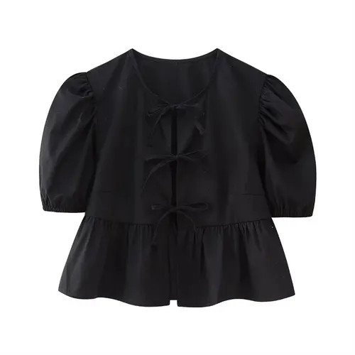 Yukis - Short-Sleeve Plain Peplum Tie Front Blouse | YesStyle Global