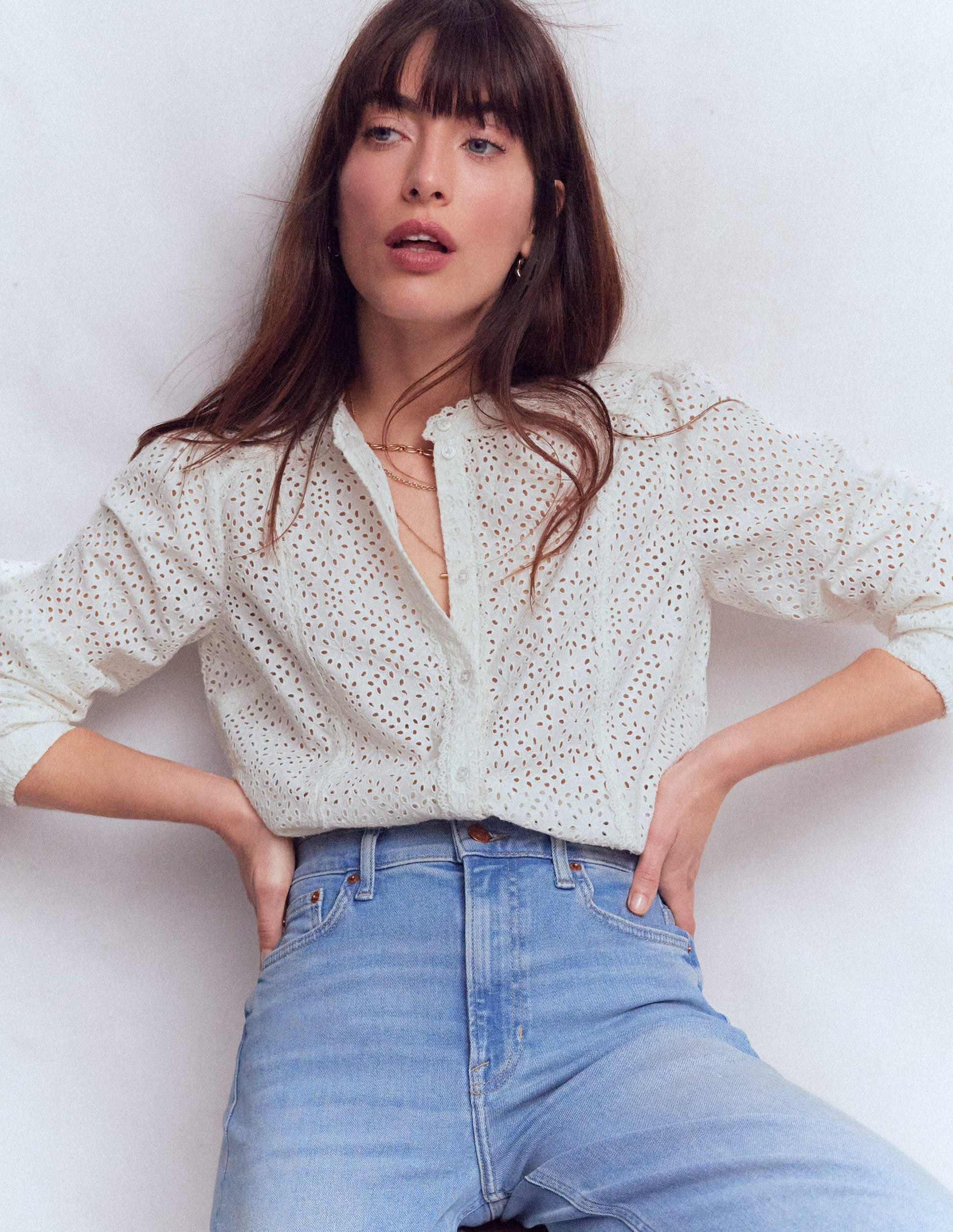 Rhea Trim Insert Broderie Top-White Floral Broderie | Boden (US)